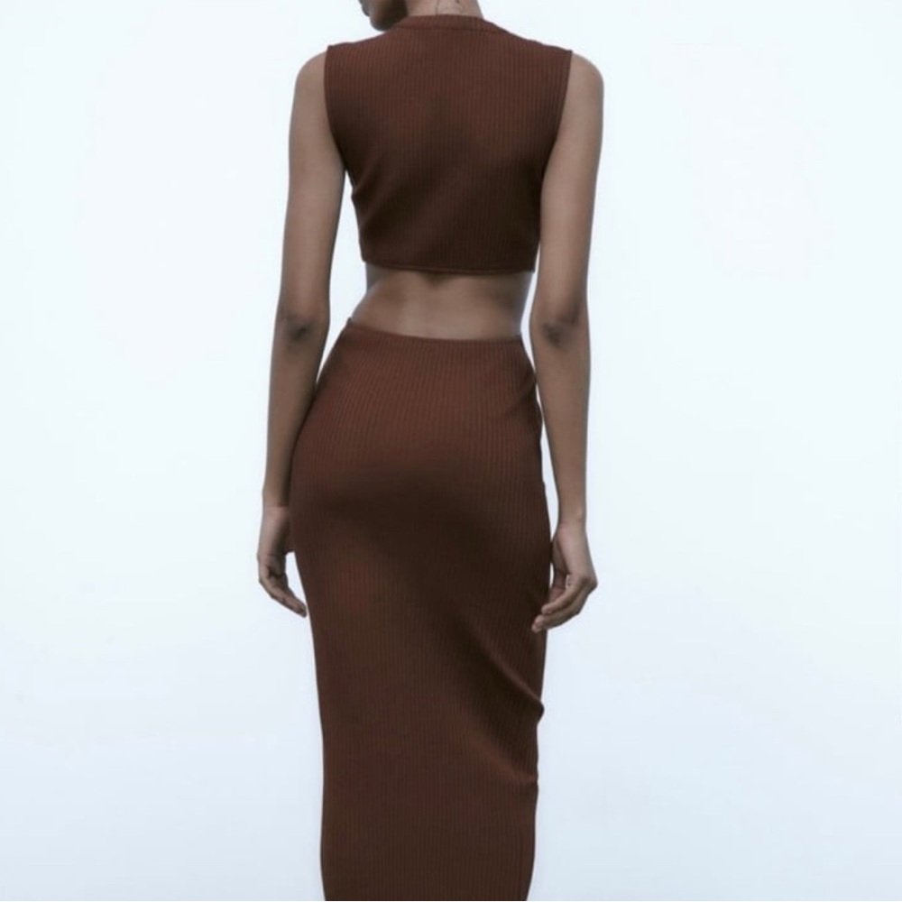 NEW Zara Women Cut Out Maxi Dress Medium Chocolate Brown Rib Knit Sleeveless - Picture 3 of 12
